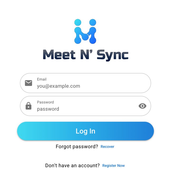 The Meet N' Sync login form with Email and Password fields, a Log In button, and links to Recover and Register Now