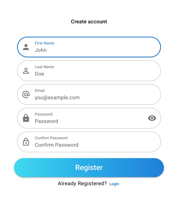 The Meet N' Sync Create account form with First Name, Last Name, Email, Password, and Confirm Password fields and a Register button