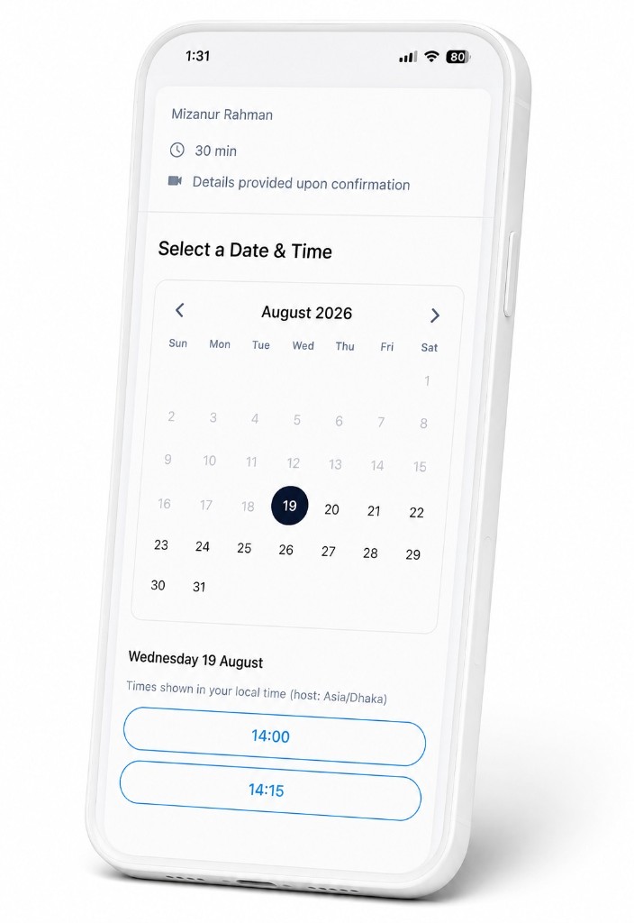 Meet N' Sync booking page with date and time selection