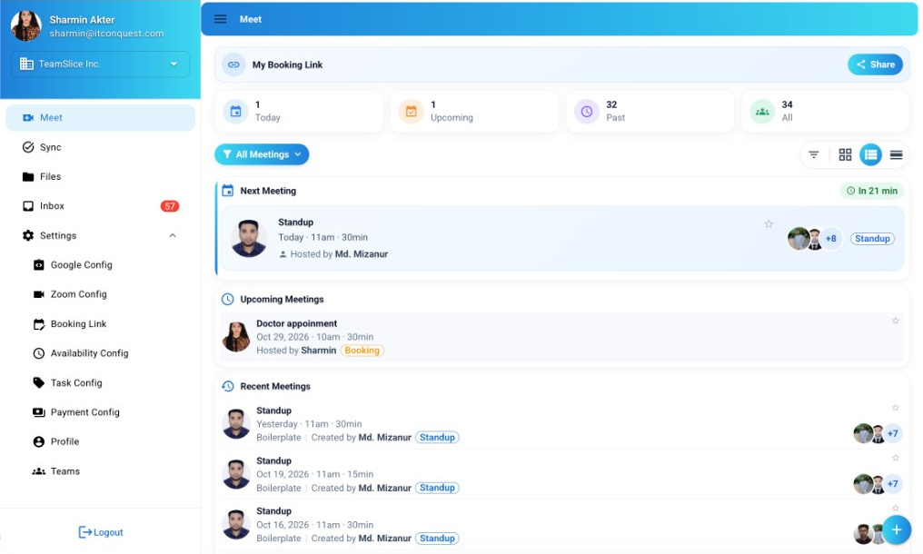 Meet workspace with today’s meetings, upcoming appointments, and a booking link