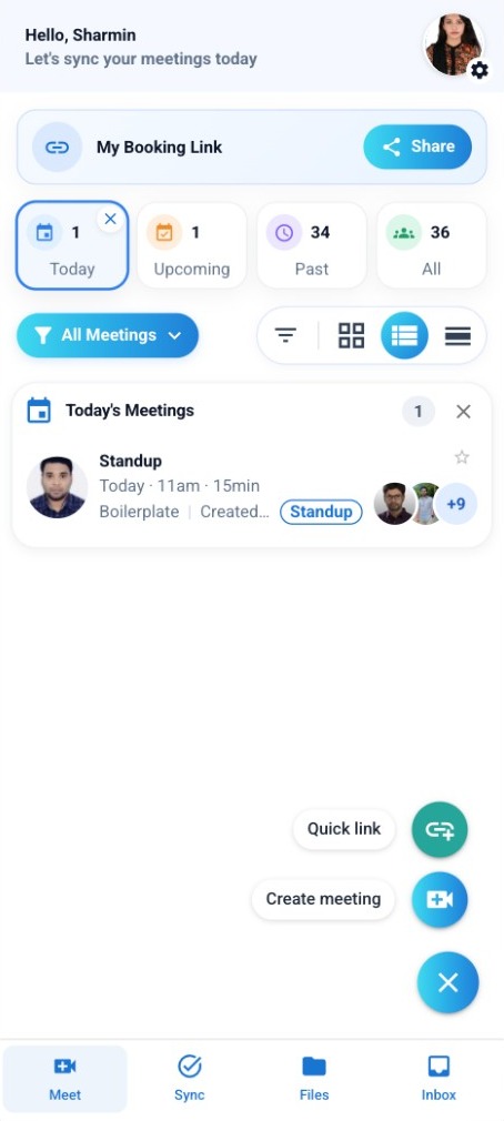 Meet on mobile showing today’s meeting, counts of upcoming and past meetings, and a booking link to share