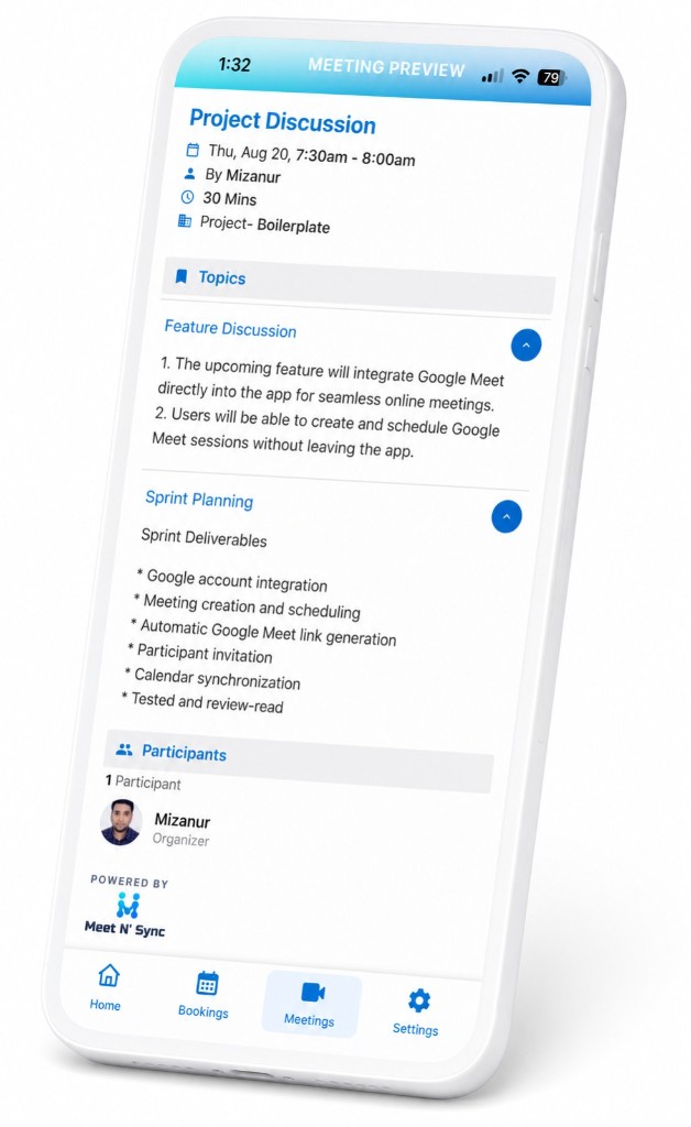 Meet N' Sync meeting topics, notes and participants view